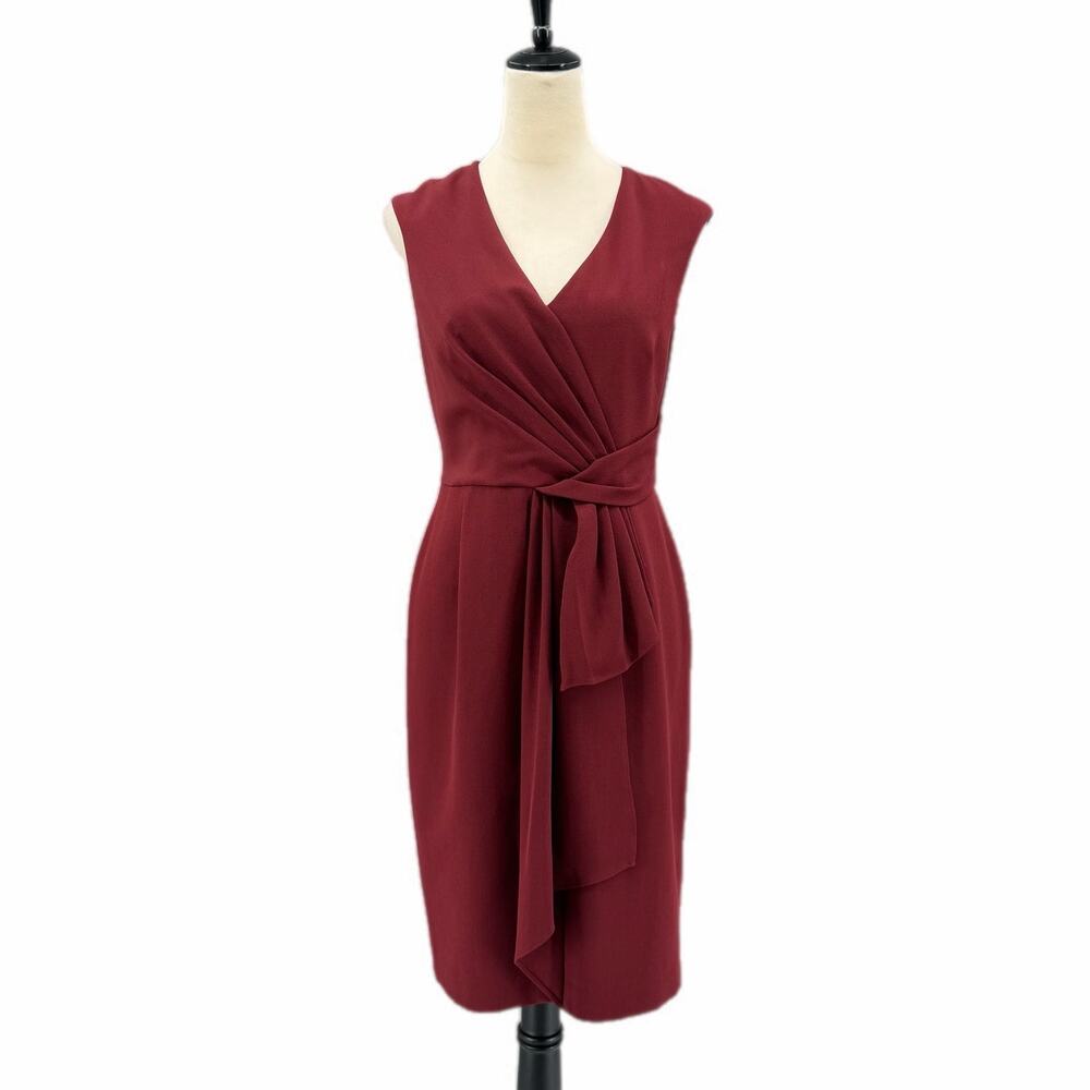 Adrianna Papell Burgundy Sleeveless V-neck Pleated Faux Wrap Sheath Chic Dress